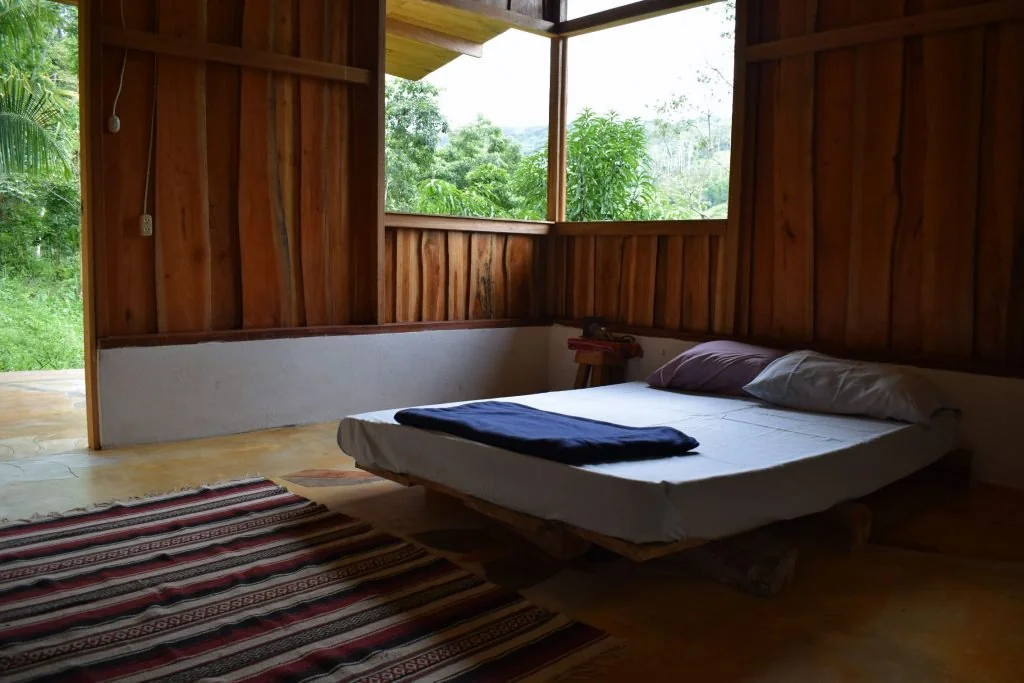 Florestral cabin interior with bed and jungle views